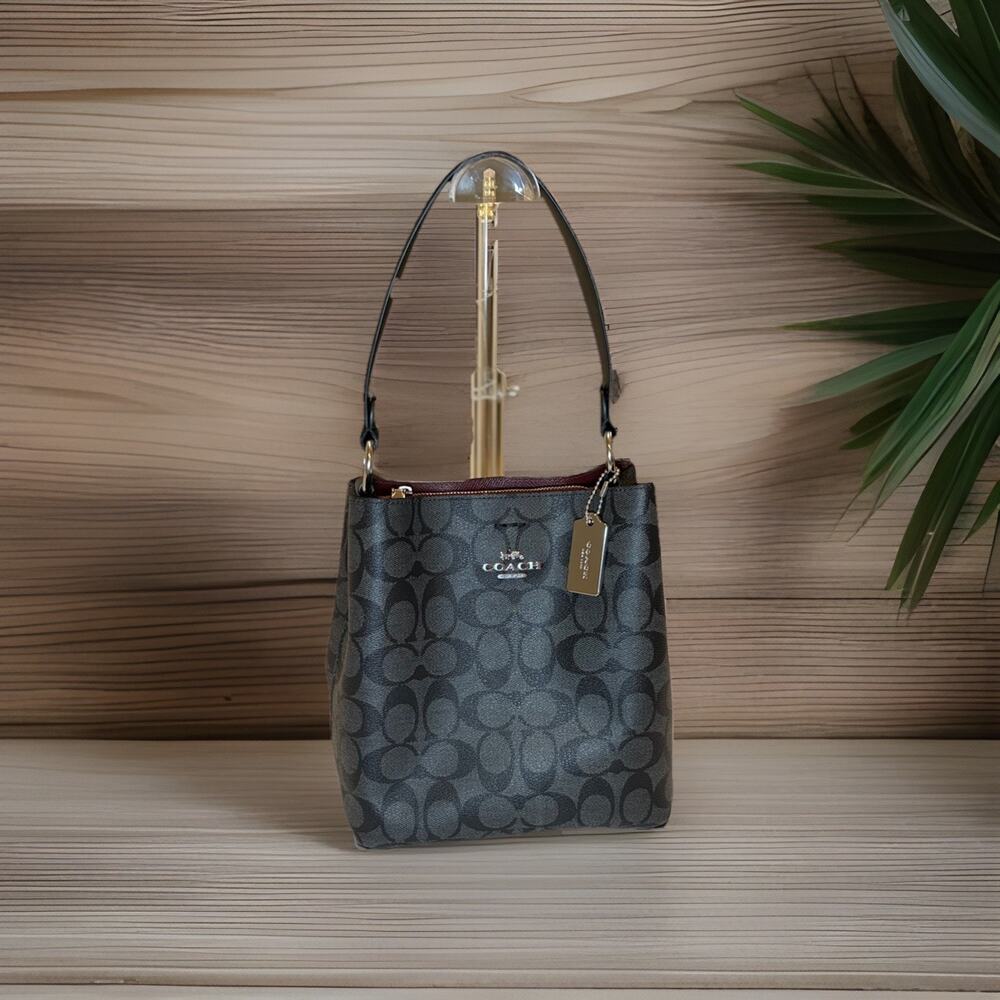 Coach H2179-2312 Signature Charcoal Mini Bucket Crossbody Bag Leather Trim